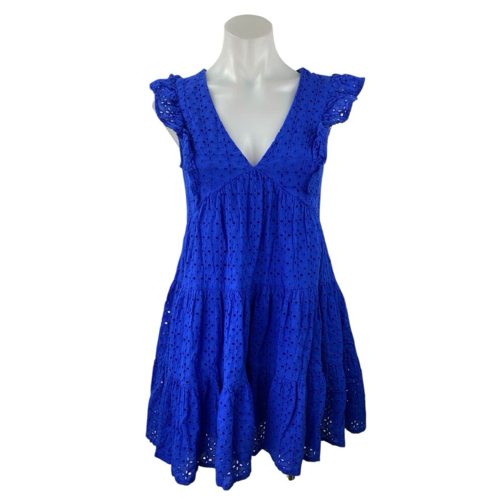Aqua Black Sleeveless Ruffle V Neck Embroidered Tiered A Line Mini Dress Size S